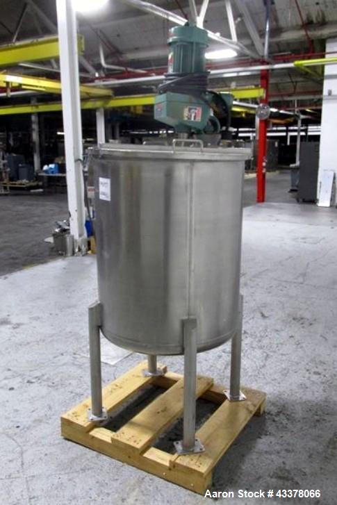 Used Tank, 100 Gallon, Stainless Steel. Approximately 30" diameter x 36" straight side, flat top, dished bottom, top entering 1.74 hp Lightnin agitator, model XD-174, with (3) tier (3) blade agitator...