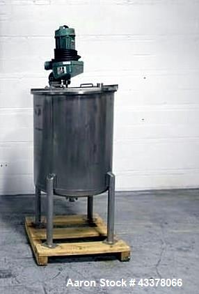 Used Tank, 100 Gallon, Stainless Steel. Approximately 30" diameter x 36" straight side, flat top, dished bottom, top entering 1.74 hp Lightnin agitator, model XD-174, with (3) tier (3) blade agitator...
