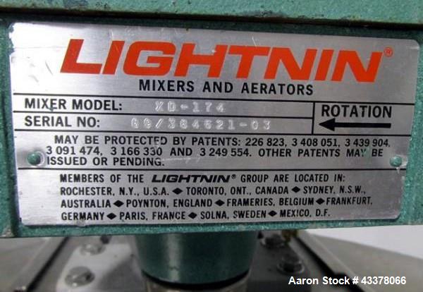 Used Tank, 100 Gallon, Stainless Steel. Approximately 30" diameter x 36" straight side, flat top, dished bottom, top entering 1.74 hp Lightnin agitator, model XD-174, with (3) tier (3) blade agitator...