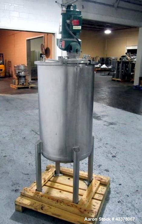 Used Flo Bin Mix Tank, 63 Gallon, Stainless Steel. Approximately 22" diameter x 36" straight side, open top with cover, dish bottom, 3 baffles, Lightnin clamp on agitator, model xd-87, .87 hp, 208-22...