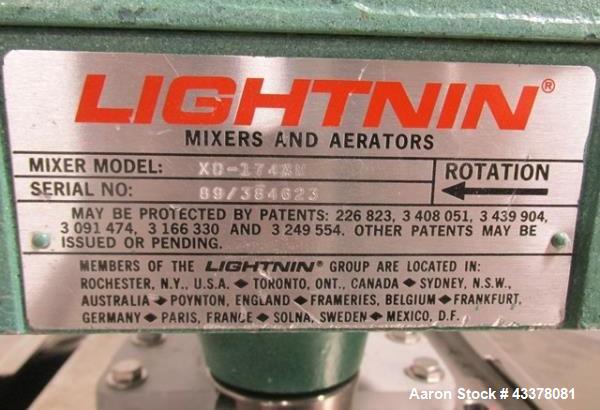 Used Tank, 100 Gallon, Stainless Steel. Approximately 30" diameter x 36" straight side, flat top, dished bottom, top entering 1.74 hp Lightnin agitator, model XD-174, with (3) tier (3) blade agitator...
