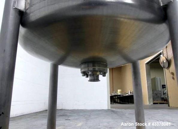 Used Tank, 100 Gallon, Stainless Steel. Approximately 30" diameter x 36" straight side, flat top, dished bottom, top entering 1.74 hp Lightnin agitator, model XD-174, with (3) tier (3) blade agitator...