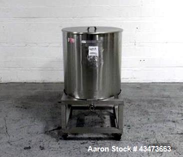 Used 75 gallon portable mix tank, stainless steel construction, 28" diameter x 30" straight side, open top, flat bottm, 1.5" center bottm outlet, on cart.