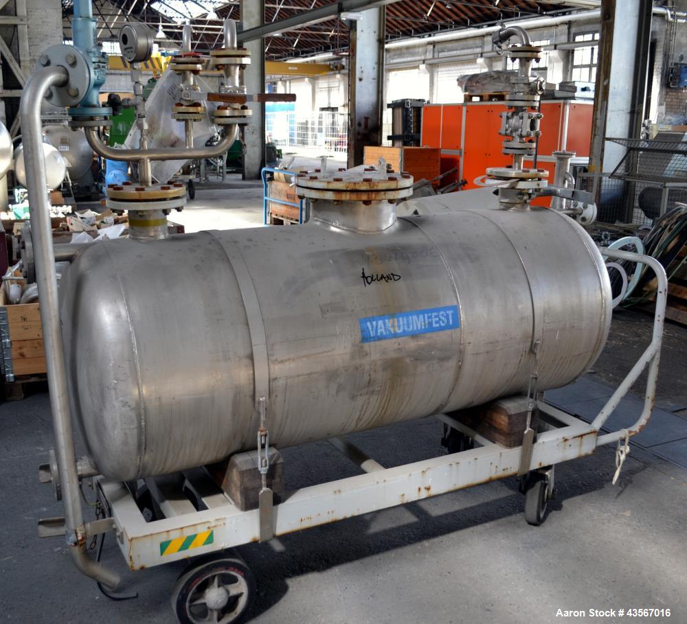 Used Mobile Tank, Approximate 630 Liter (166.48 Gallon), Stainless Steel, Horizontal. Approximate 27 diameter x 62 straight side, dished ends. Openings top (2) 4-1/4, 10, ends (2) 1-1/4, 2-3/4, 2-3/4...