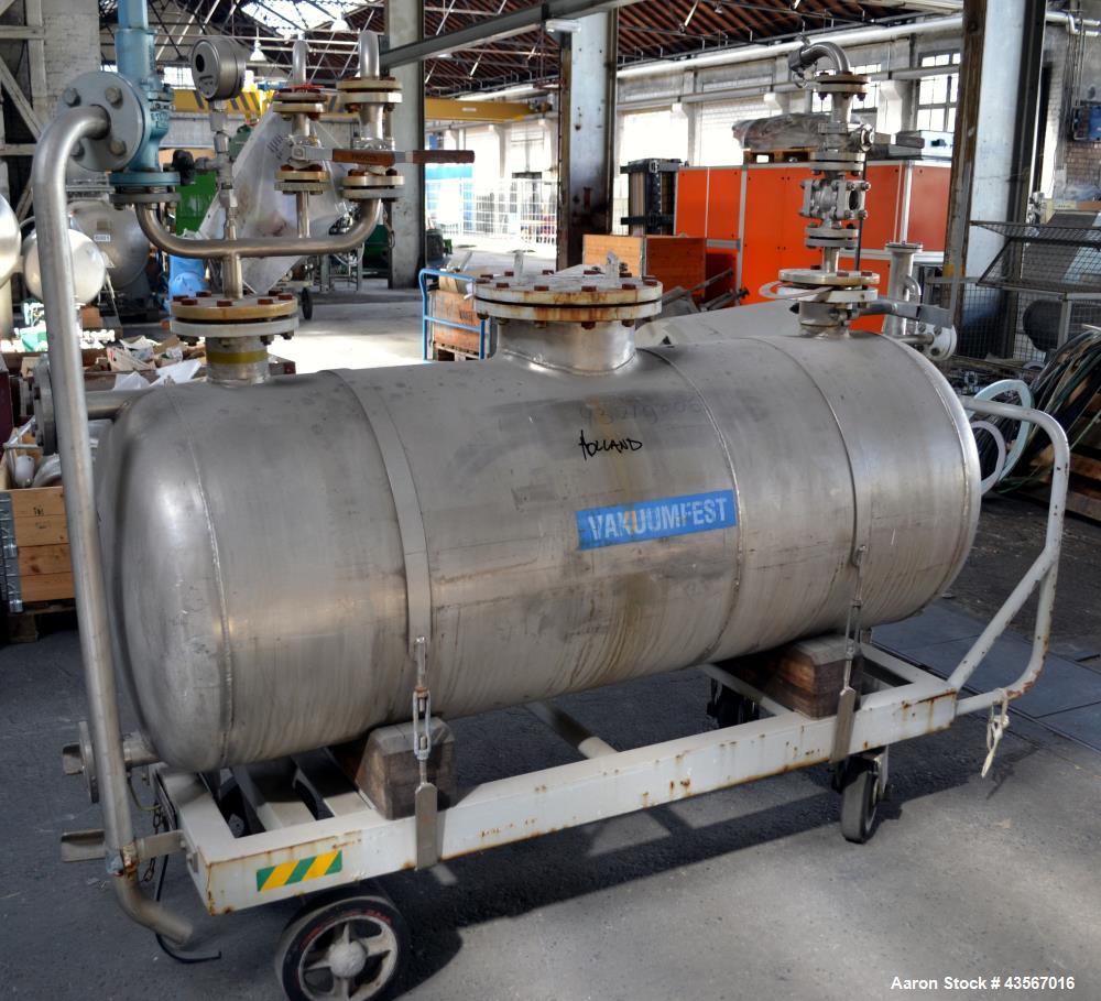 Used- Mobile Tank, Approximate 630 Liter (166.48 Gallon), Stainless Steel, Horizontal. Approximate 27 diameter x 62 straight...