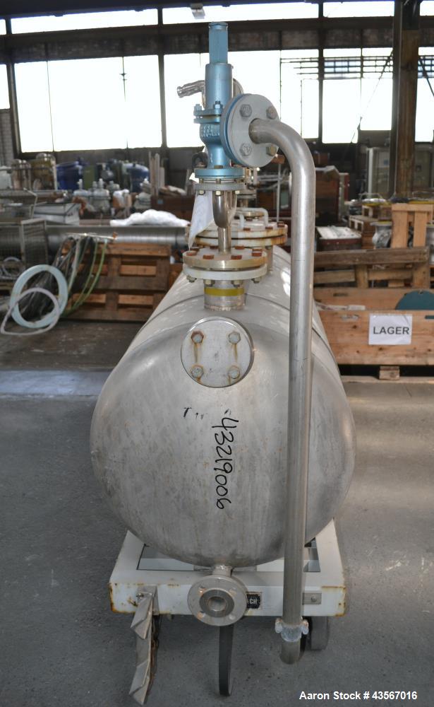 Used Mobile Tank, Approximate 630 Liter (166.48 Gallon), Stainless Steel, Horizontal. Approximate 27 diameter x 62 straight side, dished ends. Openings top (2) 4-1/4, 10, ends (2) 1-1/4, 2-3/4, 2-3/4...