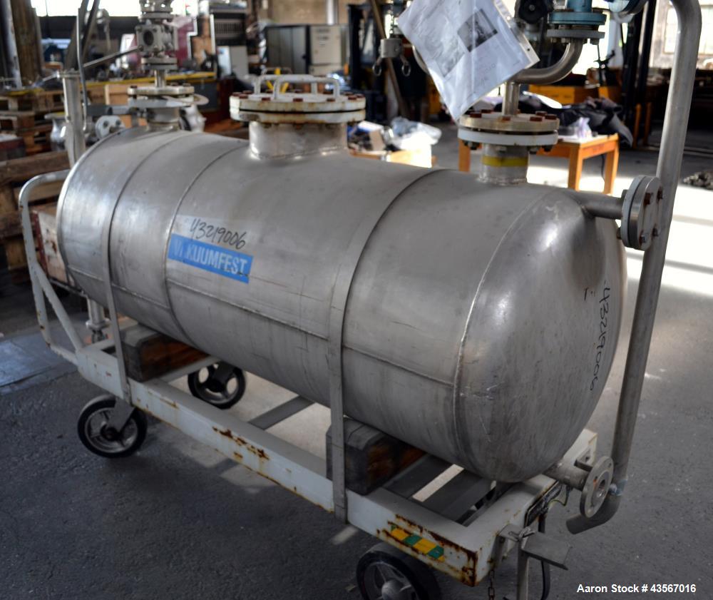 Used Mobile Tank, Approximate 630 Liter (166.48 Gallon), Stainless Steel, Horizontal. Approximate 27 diameter x 62 straight side, dished ends. Openings top (2) 4-1/4, 10, ends (2) 1-1/4, 2-3/4, 2-3/4...