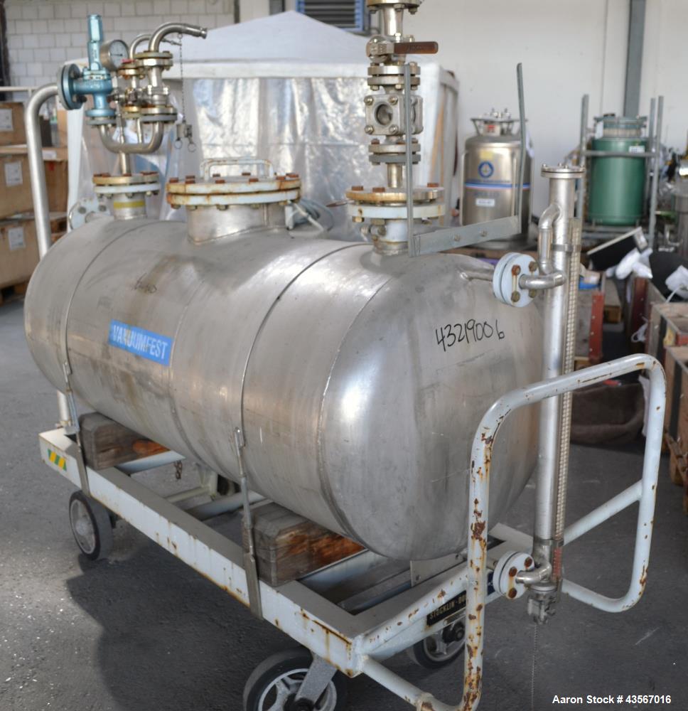 Used Mobile Tank, Approximate 630 Liter (166.48 Gallon), Stainless Steel, Horizontal. Approximate 27 diameter x 62 straight side, dished ends. Openings top (2) 4-1/4, 10, ends (2) 1-1/4, 2-3/4, 2-3/4...