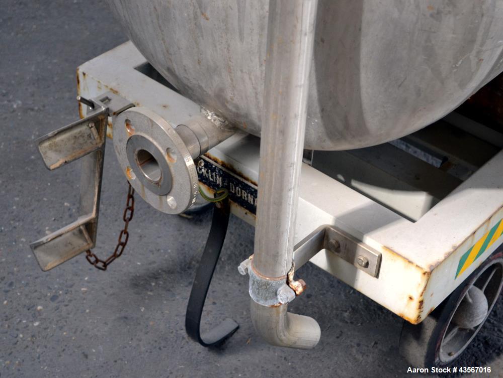 Used Mobile Tank, Approximate 630 Liter (166.48 Gallon), Stainless Steel, Horizontal. Approximate 27 diameter x 62 straight side, dished ends. Openings top (2) 4-1/4, 10, ends (2) 1-1/4, 2-3/4, 2-3/4...