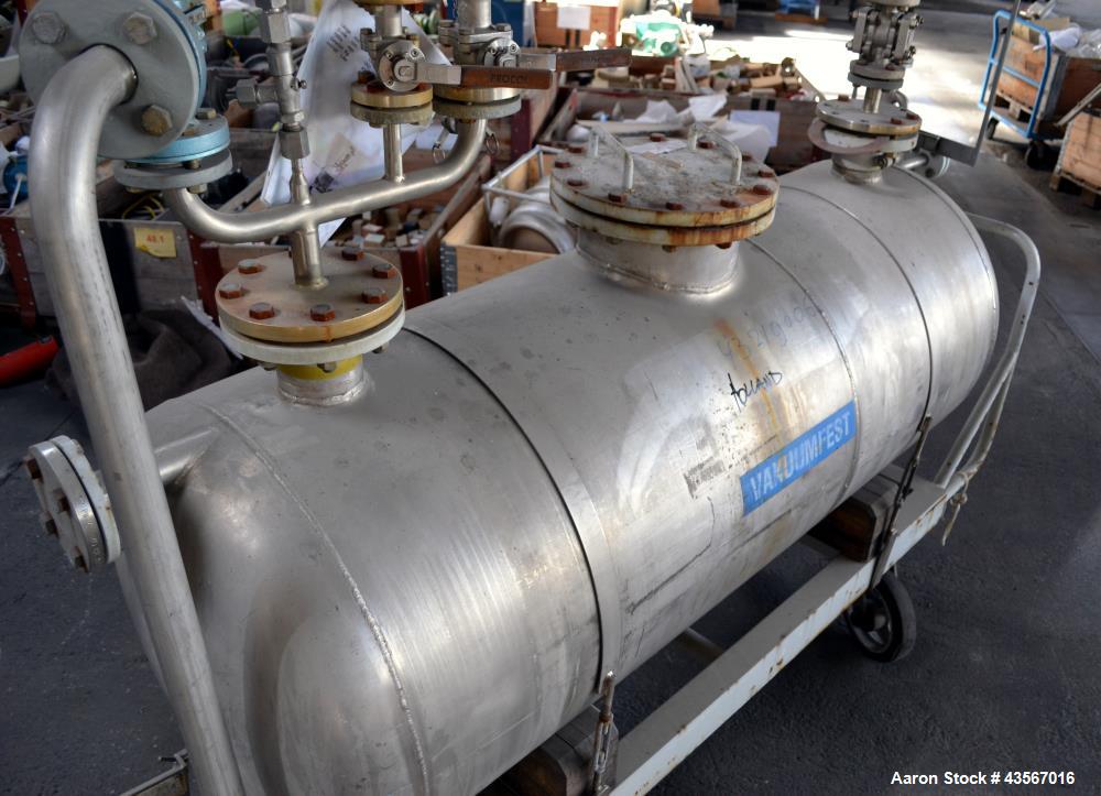 Used Mobile Tank, Approximate 630 Liter (166.48 Gallon), Stainless Steel, Horizontal. Approximate 27 diameter x 62 straight side, dished ends. Openings top (2) 4-1/4, 10, ends (2) 1-1/4, 2-3/4, 2-3/4...