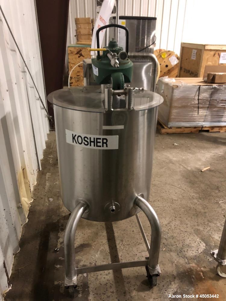 Used Permasan 44 Gallon SIngle Wall Stainless Steel Tank with Lightnin Mixer Modes XDA33. Mounted on casters with bottom valve.