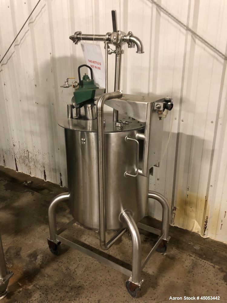 Used Permasan 44 Gallon SIngle Wall Stainless Steel Tank with Lightnin Mixer Modes XDA33. Mounted on casters with bottom valve.