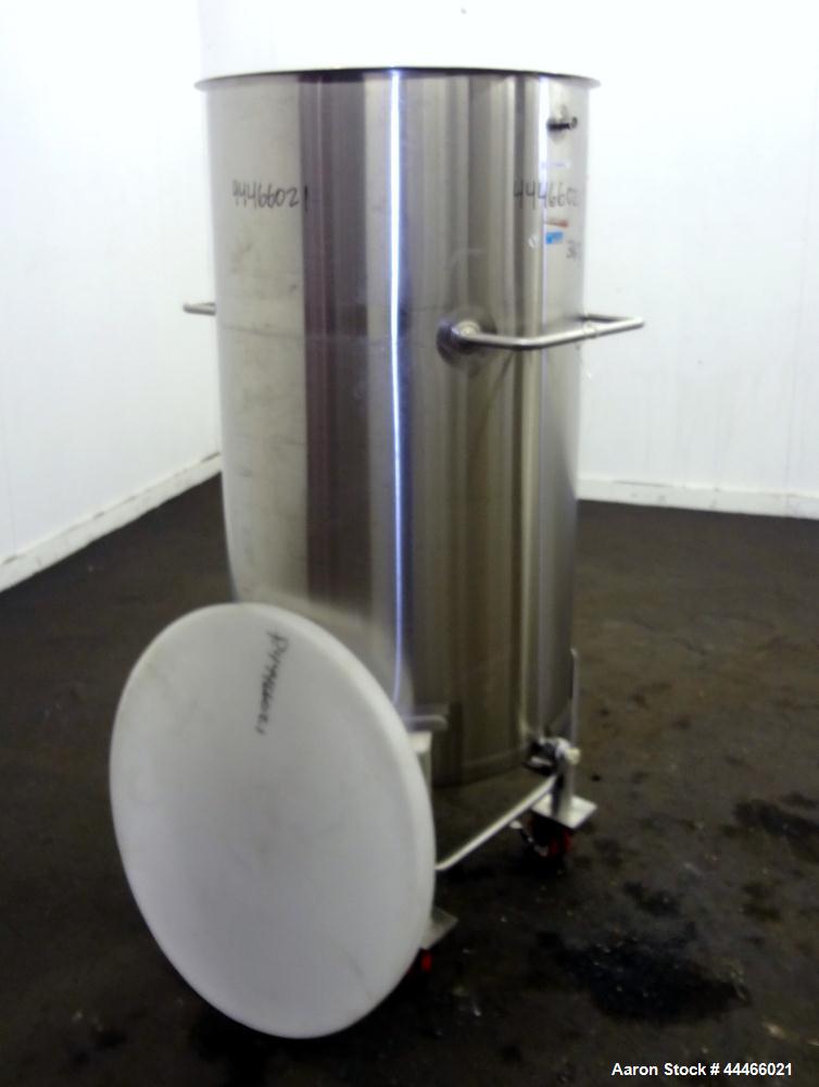 Used Tank, 106 Gallon (400 Liter), 316 Stainless Steel, Vertical. Approximate 27-1/2" diameter x 47-1/2" straight side, open top, no cover, coned bottom. 1" Center bottom outlet. Mounted on 4 stainle...
