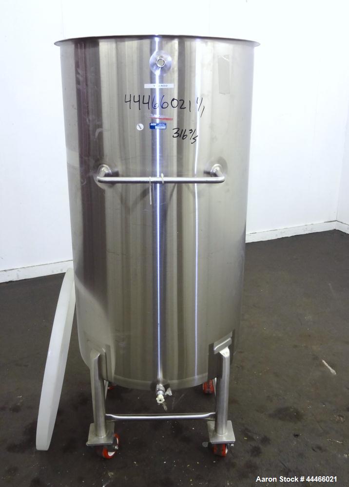 Used Tank, 106 Gallon (400 Liter), 316 Stainless Steel, Vertical. Approximate 27-1/2" diameter x 47-1/2" straight side, open top, no cover, coned bottom. 1" Center bottom outlet. Mounted on 4 stainle...