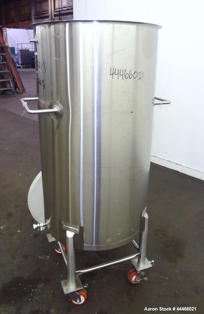 Used Tank, 106 Gallon (400 Liter), 316 Stainless Steel, Vertical. Approximate 27-1/2" diameter x 47-1/2" straight side, open top, no cover, coned bottom. 1" Center bottom outlet. Mounted on 4 stainle...