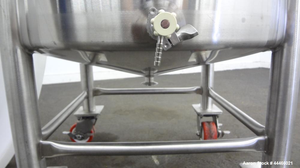 Used Tank, 106 Gallon (400 Liter), 316 Stainless Steel, Vertical. Approximate 27-1/2" diameter x 47-1/2" straight side, open top, no cover, coned bottom. 1" Center bottom outlet. Mounted on 4 stainle...