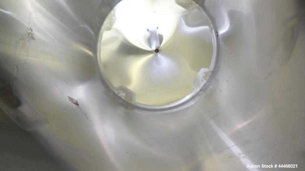 Used Tank, 106 Gallon (400 Liter), 316 Stainless Steel, Vertical. Approximate 27-1/2" diameter x 47-1/2" straight side, open top, no cover, coned bottom. 1" Center bottom outlet. Mounted on 4 stainle...