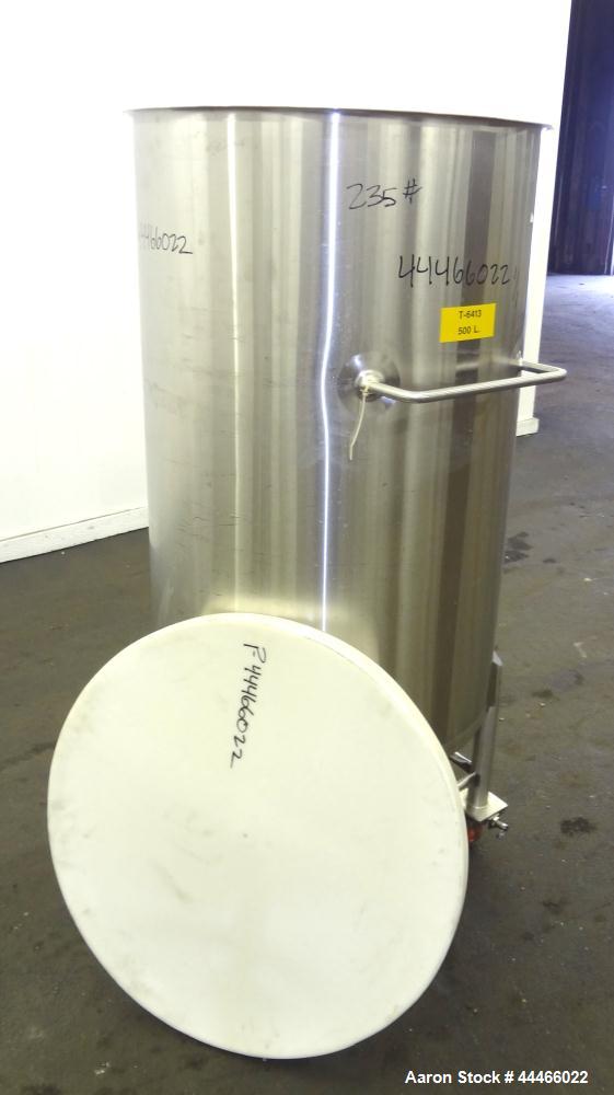 Used Tank, 132 Gallon (500 Liter), 316 Stainless Steel, Vertical. Approximate 30" diameter x 47-1/2" straight side, open top with a 1 piece plastic cover, coned bottom. 1" Center bottom outlet. Mount...