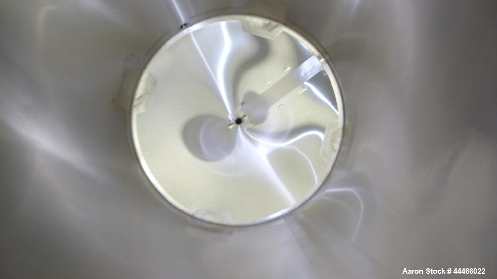 Used Tank, 132 Gallon (500 Liter), 316 Stainless Steel, Vertical. Approximate 30" diameter x 47-1/2" straight side, open top with a 1 piece plastic cover, coned bottom. 1" Center bottom outlet. Mount...
