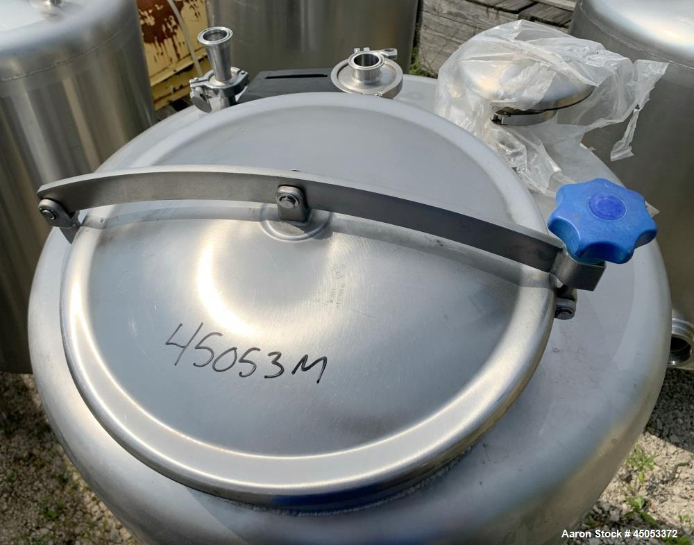 Used Stainless Steel Tank, Approximate 135 Gallon, 304 Stainless Steel, Vertical. Approximate 33" diameter x 37" straight side. Dished top, sloped bottom. Openings: 16" manway with cover, (2) 3", 1",...