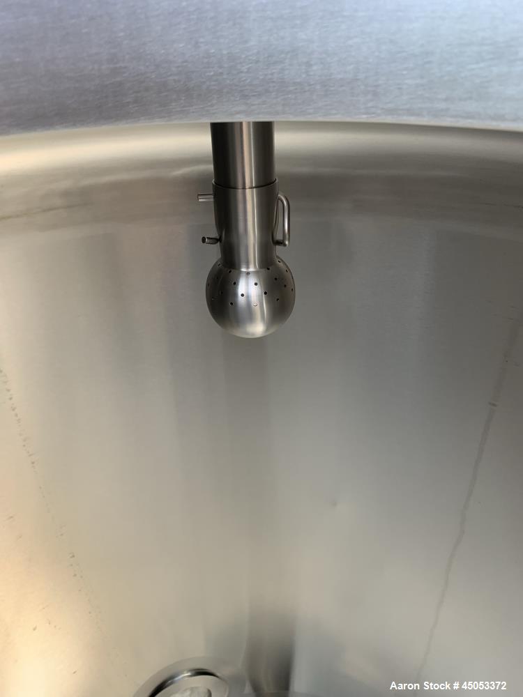 Used Stainless Steel Tank, Approximate 135 Gallon, 304 Stainless Steel, Vertical. Approximate 33" diameter x 37" straight side. Dished top, sloped bottom. Openings: 16" manway with cover, (2) 3", 1",...