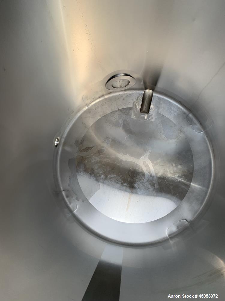 Used Stainless Steel Tank, Approximate 135 Gallon, 304 Stainless Steel, Vertical. Approximate 33" diameter x 37" straight side. Dished top, sloped bottom. Openings: 16" manway with cover, (2) 3", 1",...
