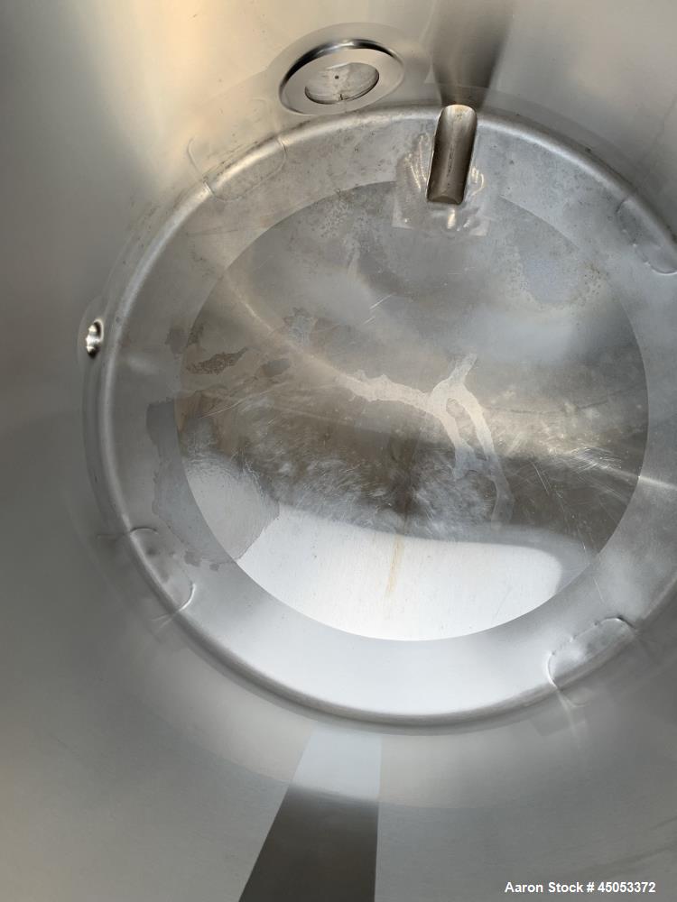 Used Stainless Steel Tank, Approximate 135 Gallon, 304 Stainless Steel, Vertical. Approximate 33" diameter x 37" straight side. Dished top, sloped bottom. Openings: 16" manway with cover, (2) 3", 1",...