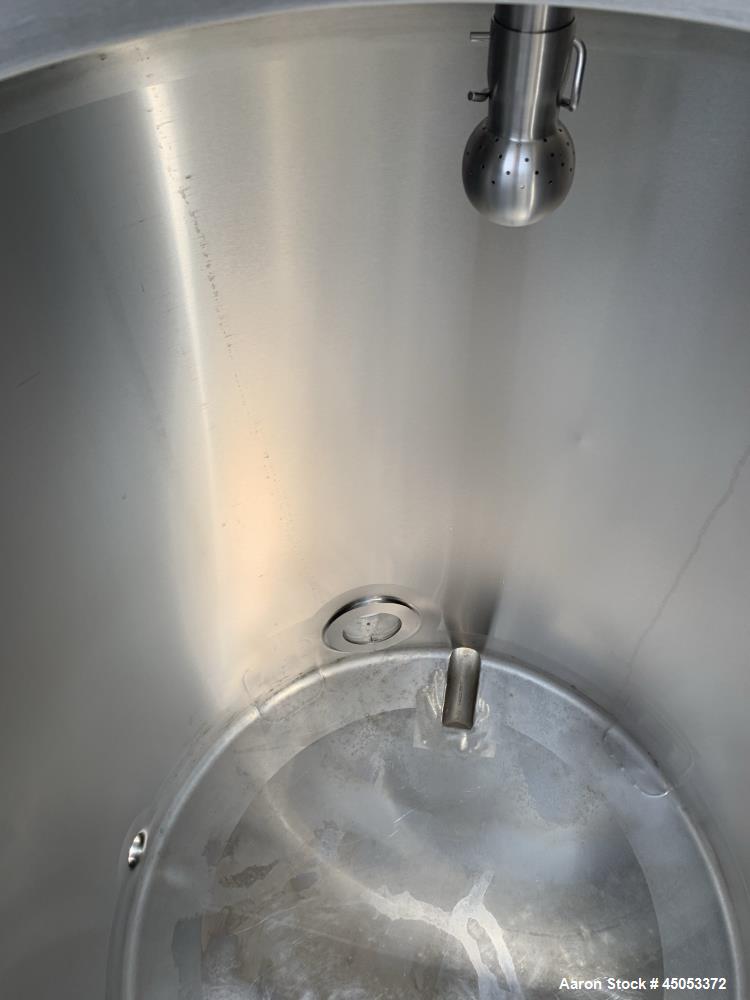 Used Stainless Steel Tank, Approximate 135 Gallon, 304 Stainless Steel, Vertical. Approximate 33" diameter x 37" straight side. Dished top, sloped bottom. Openings: 16" manway with cover, (2) 3", 1",...