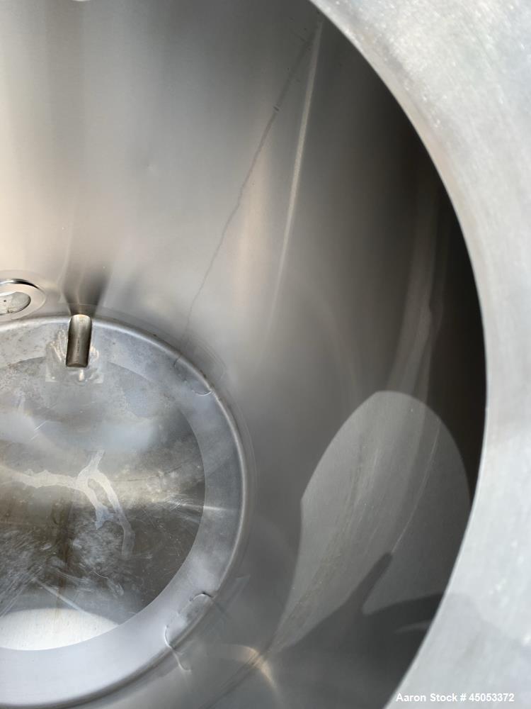 Used Stainless Steel Tank, Approximate 135 Gallon, 304 Stainless Steel, Vertical. Approximate 33" diameter x 37" straight side. Dished top, sloped bottom. Openings: 16" manway with cover, (2) 3", 1",...