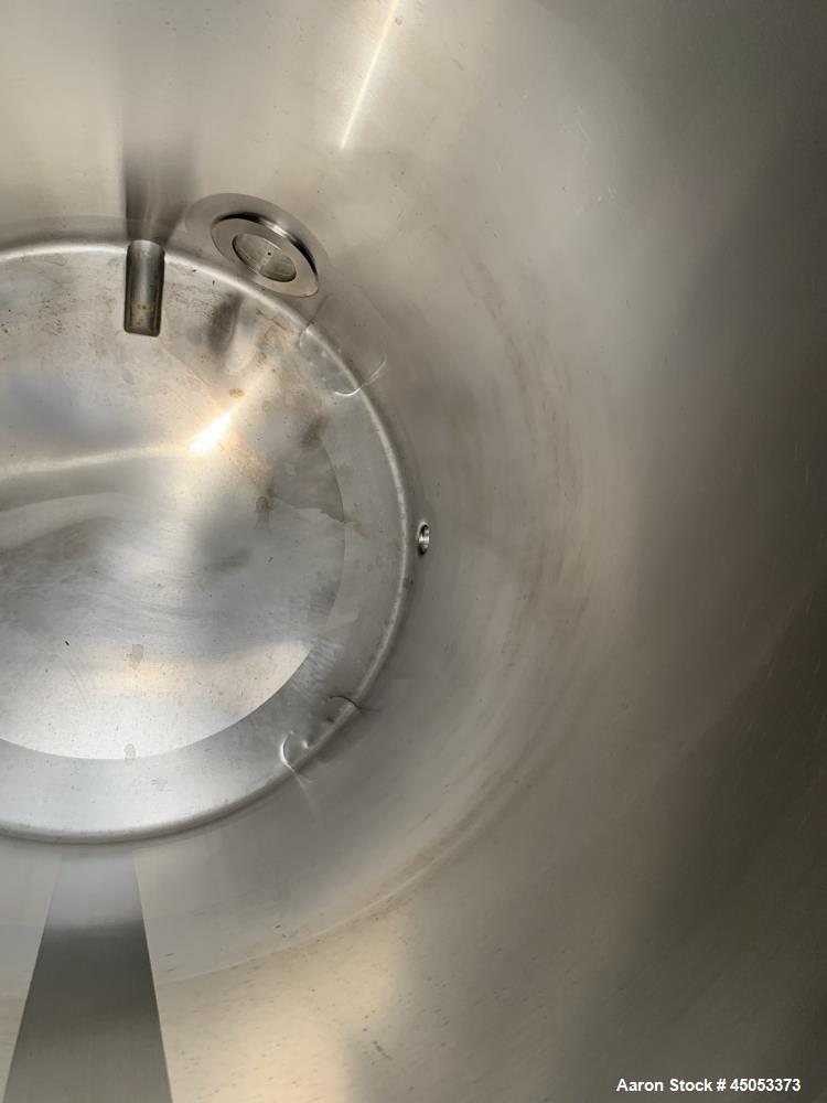 Used Stainless Steel Tank, Approximate 135 Gallon, 304 Stainless Steel, Vertical. Approximate 33" diameter x 37" straight side. Dished top, sloped bottom. Openings: 16" manway with cover, (2) 3", 1",...