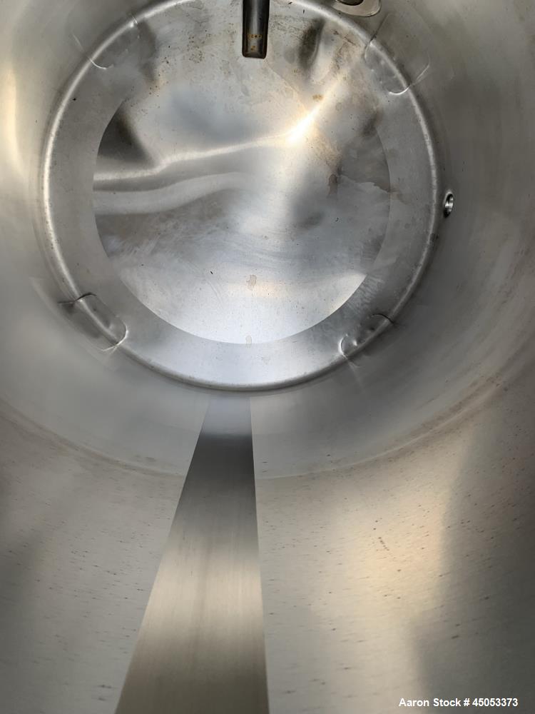 Used Stainless Steel Tank, Approximate 135 Gallon, 304 Stainless Steel, Vertical. Approximate 33" diameter x 37" straight side. Dished top, sloped bottom. Openings: 16" manway with cover, (2) 3", 1",...