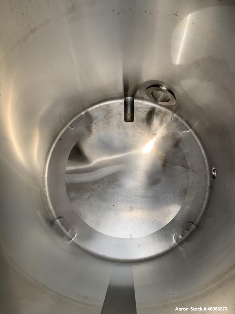 Used Stainless Steel Tank, Approximate 135 Gallon, 304 Stainless Steel, Vertical. Approximate 33" diameter x 37" straight side. Dished top, sloped bottom. Openings: 16" manway with cover, (2) 3", 1",...