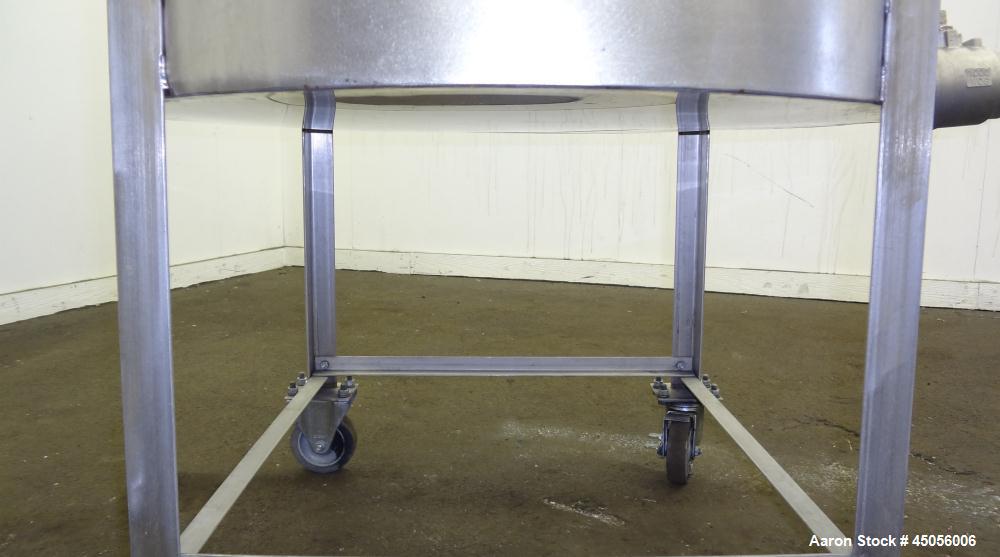 Used Tank, 80 Gallon, 304 Stainless Steel, Vertical. Approximately 30-1/2" diameter x 27" straight side, open top with (2) half hinged covers, provision for a clamp on agitator. 2" Side bottom outlet...