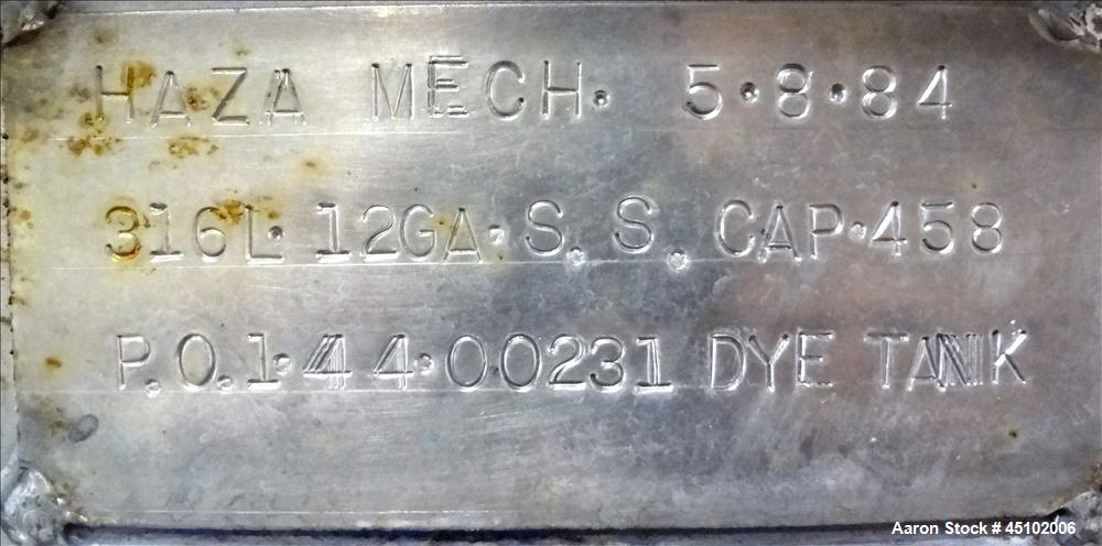 Used 458 Gallon Stainless Steel Haza Mechanical Tank, Model XJ-30
