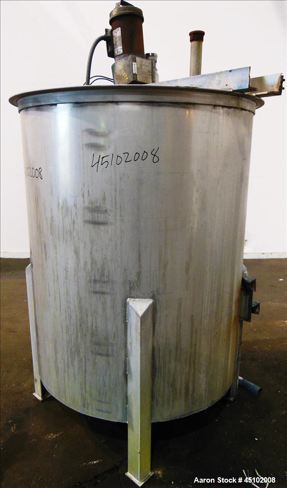 Used Haza Mechanical Tank, 458 Gallons, 316L Stainless Steel, Vertical, 48" Diameter x 59" straight side. Open top with (1) 1/3 cover, slopped bottom. Fixed stainless steel agitator bridge with a Lig...