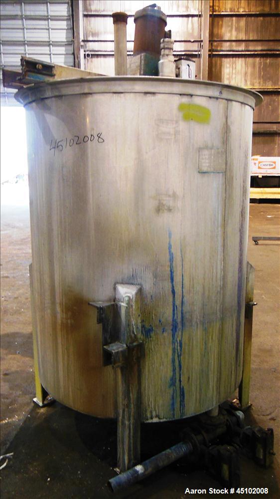 Used Haza Mechanical Tank, 458 Gallons, 316L Stainless Steel, Vertical, 48" Diameter x 59" straight side. Open top with (1) 1/3 cover, slopped bottom. Fixed stainless steel agitator bridge with a Lig...