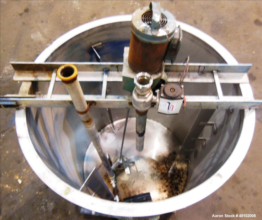 Used Haza Mechanical Tank, 458 Gallons, 316L Stainless Steel, Vertical, 48" Diameter x 59" straight side. Open top with (1) 1/3 cover, slopped bottom. Fixed stainless steel agitator bridge with a Lig...