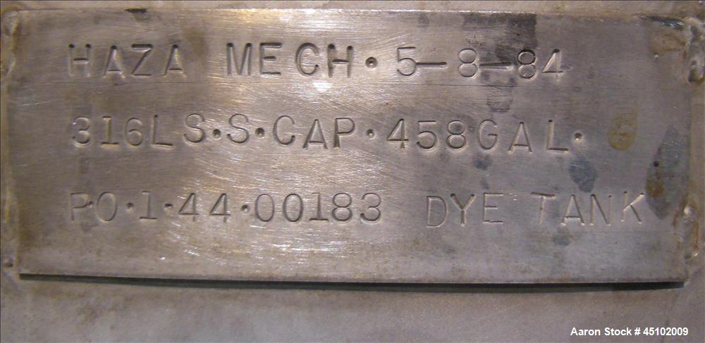 Used 458 Gallon Stainless Steel Haza Mechanical Tank, Model XJ-30AM