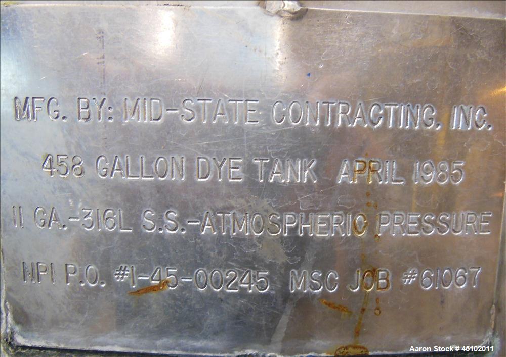 Used 458 Gallon Stainless Steel Haza Mechanical Tank, Model XJ-30AM