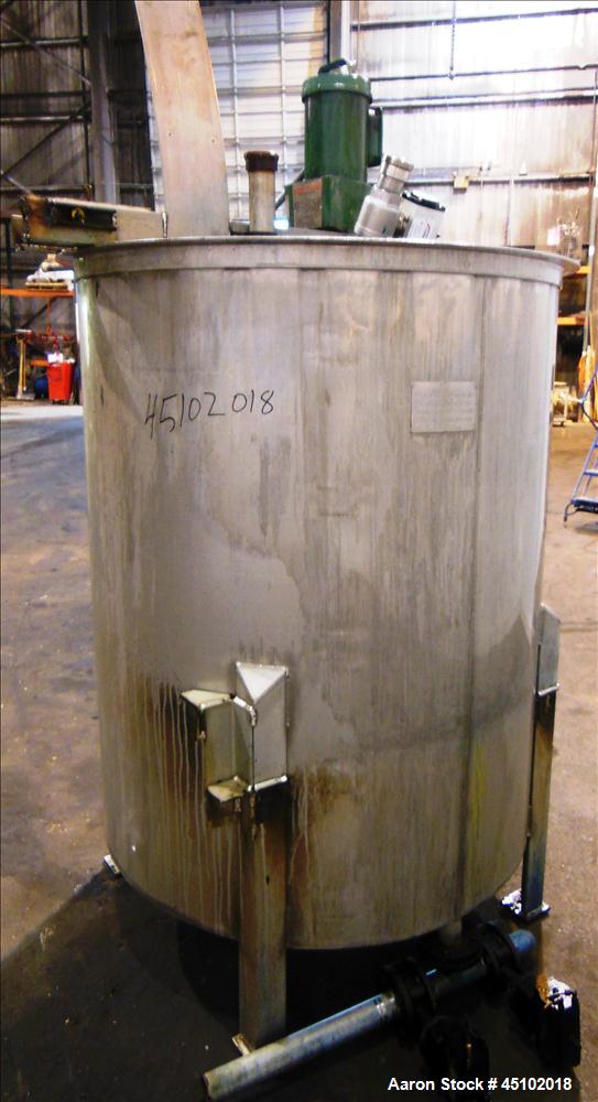 Used Haza Mechanical Tank, 458 Gallons, 316L Stainless Steel, Vertical, 48" Diameter x 59" straight side. Open top with (1) 1/3 cover, slopped bottom. Fixed stainless steel agitator bridge with a Lig...