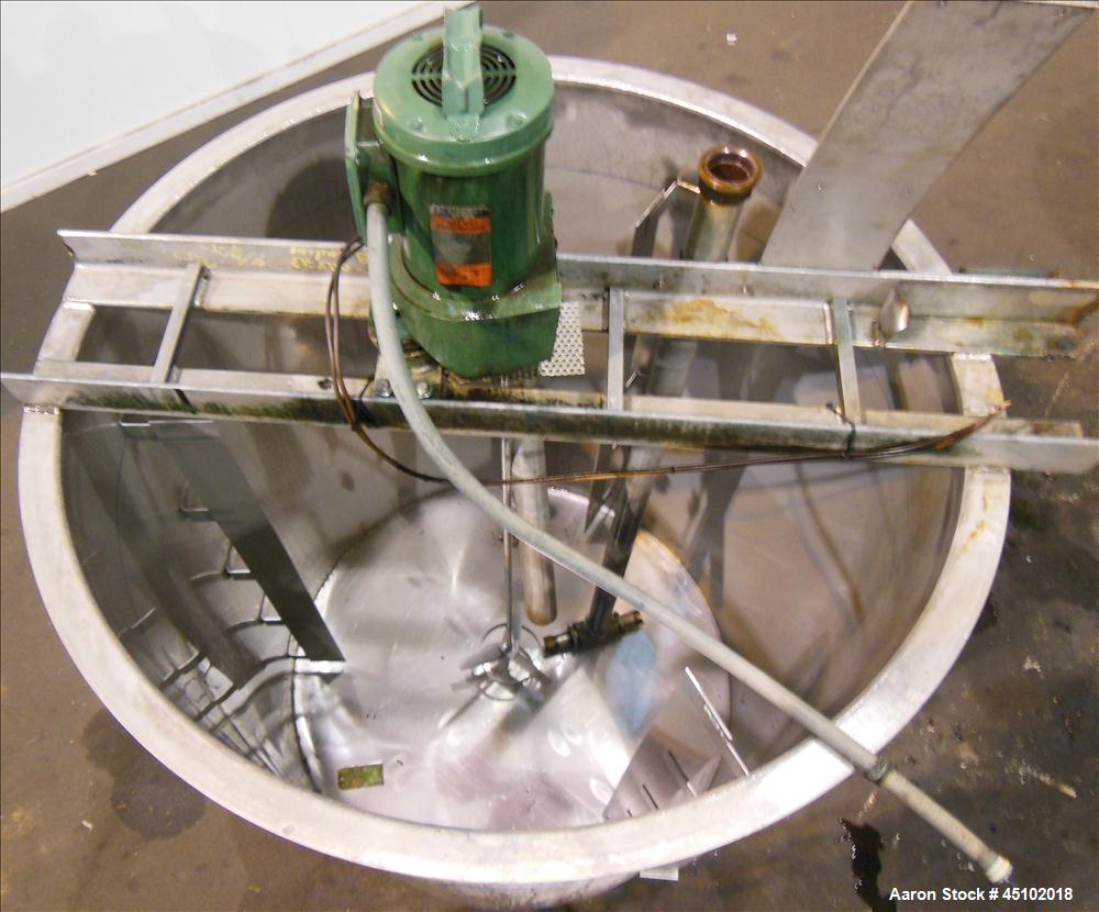 Used Haza Mechanical Tank, 458 Gallons, 316L Stainless Steel, Vertical, 48" Diameter x 59" straight side. Open top with (1) 1/3 cover, slopped bottom. Fixed stainless steel agitator bridge with a Lig...