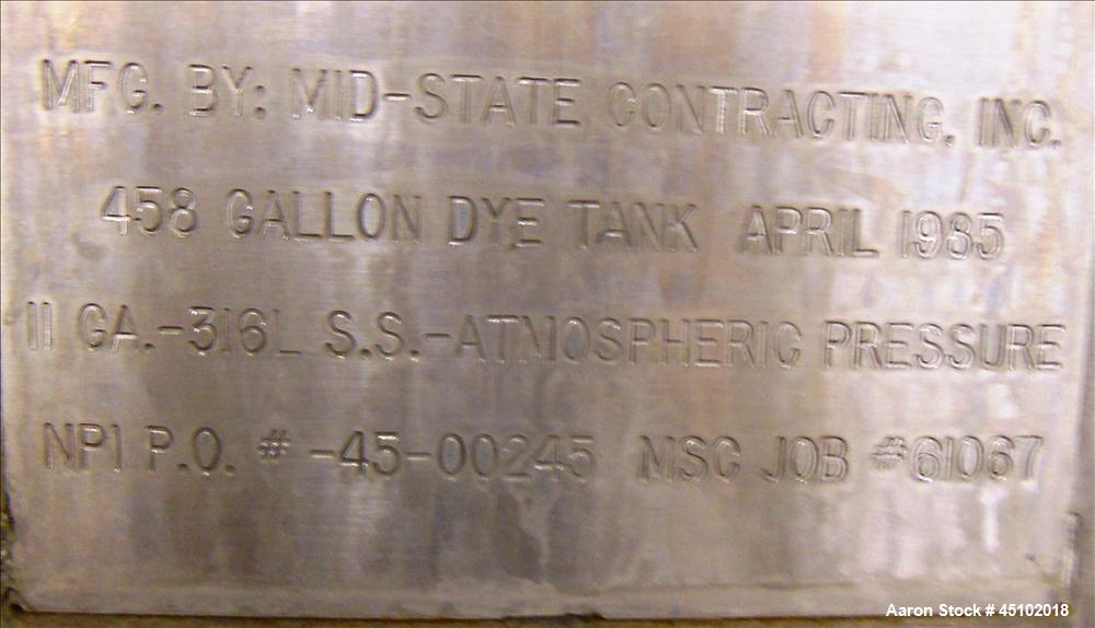 Used Haza Mechanical Tank, 458 Gallons, 316L Stainless Steel, Vertical, 48" Diameter x 59" straight side. Open top with (1) 1/3 cover, slopped bottom. Fixed stainless steel agitator bridge with a Lig...