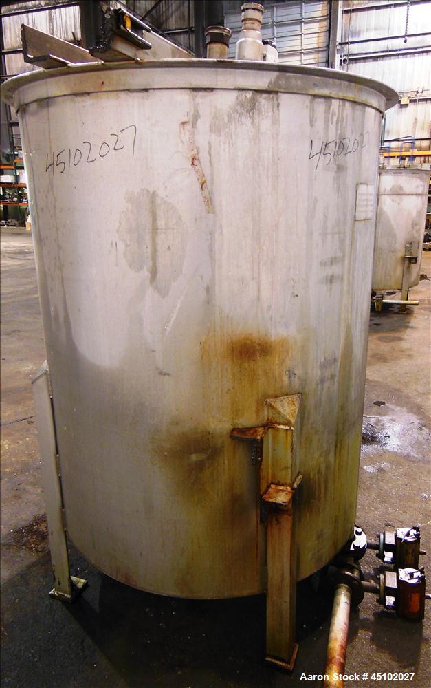 Used Haza Mechanical Tank, 458 Gallons, 316L Stainless Steel, Vertical, 48" Diameter x 59" straight side. Open top with (1) 1/3 cover, slopped bottom. Fixed stainless steel agitator bridge. (3) Side ...