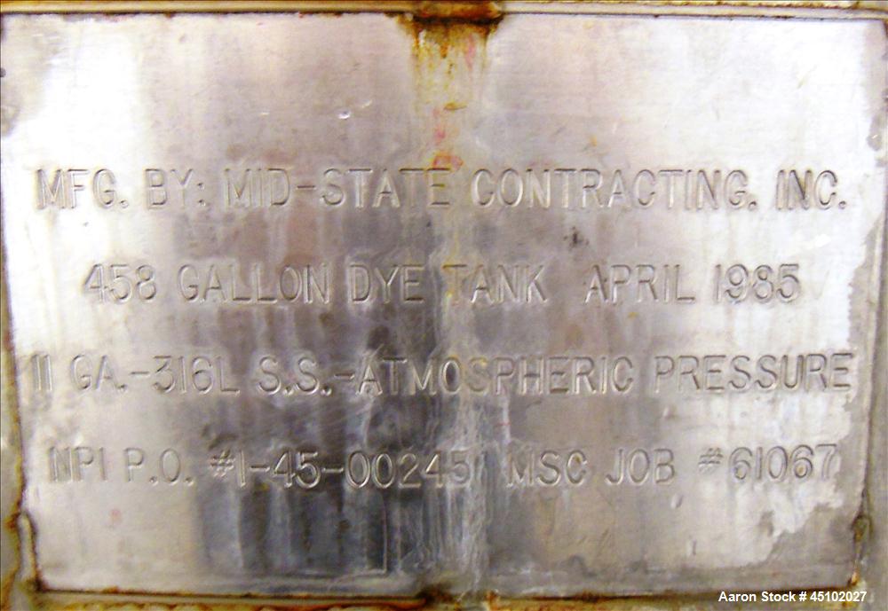 Used Haza Mechanical Tank, 458 Gallons, 316L Stainless Steel, Vertical, 48" Diameter x 59" straight side. Open top with (1) 1/3 cover, slopped bottom. Fixed stainless steel agitator bridge. (3) Side ...