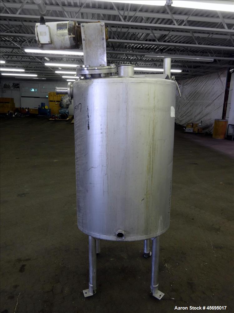 Used Tank, Approximately 150 Gallon, Stainless Steel, Vertical. 31" Diameter x 46" straight side, flat top with a 1/3 hinged cover, sloped bottom. Off center top mounted agitator with a 1-1/4" diamet...