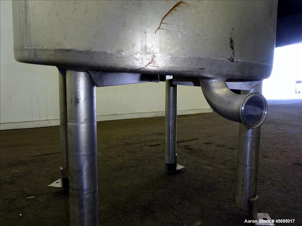 Used Tank, Approximately 150 Gallon, Stainless Steel, Vertical. 31" Diameter x 46" straight side, flat top with a 1/3 hinged cover, sloped bottom. Off center top mounted agitator with a 1-1/4" diamet...