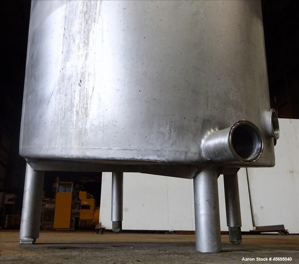 Used Tank, Approximately 140 Gallon, Stainless Steel, Vertical. 36" Diameter x 34" straight side, flat top, 1/3 hinged cover, sloped bottom. Openings top 1-1/2" tri-clamp, (2) 2", 2" tri-clamp, 4" tr...
