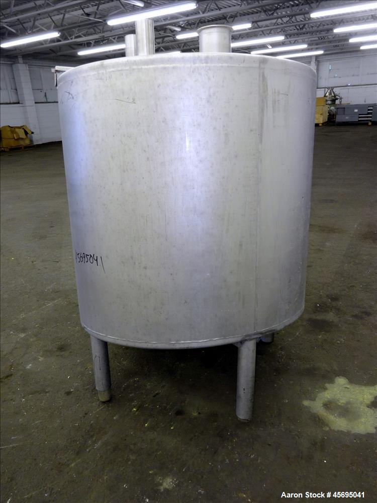 Used Tank, Approximately 140 Gallon, Stainless Steel, Vertical. 36" Diameter x 34" straight side, flat top with a 1/3 hinged cover, sloped bottom. Openings top (2) 2", 2" tri-clamp, 4" tri-clamp. Sid...