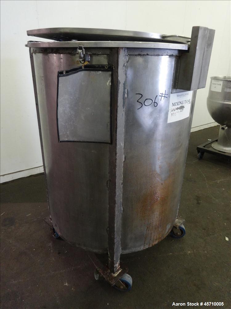 Used Tank, Approximately 200 Gallon, 304 Stainless Steel, Vertical. 37-1/2" Diameter x 45" straight side, flat open top with a hinged cover, sloped bottom. Provision for a clamp on agitator. 1-3/4" S...