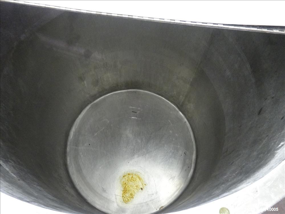 Used Tank, Approximately 200 Gallon, 304 Stainless Steel, Vertical. 37-1/2" Diameter x 45" straight side, flat open top with a hinged cover, sloped bottom. Provision for a clamp on agitator. 1-3/4" S...